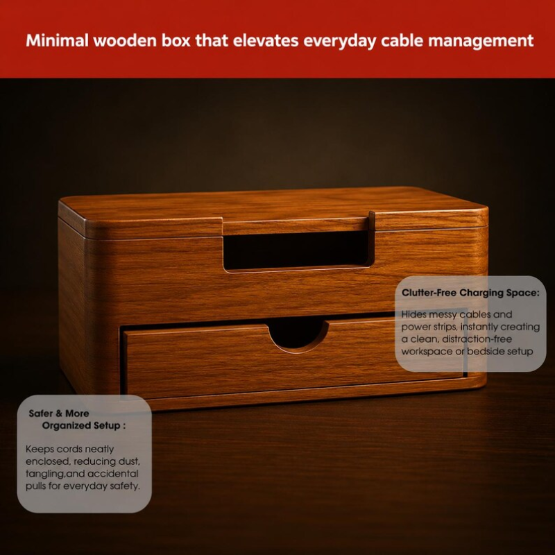Handcrafted Solid Wood Cable Management Box for Home Office